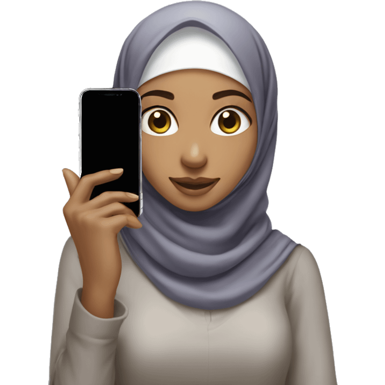 a hijabi girl is taking picture with iphone 13 emoji