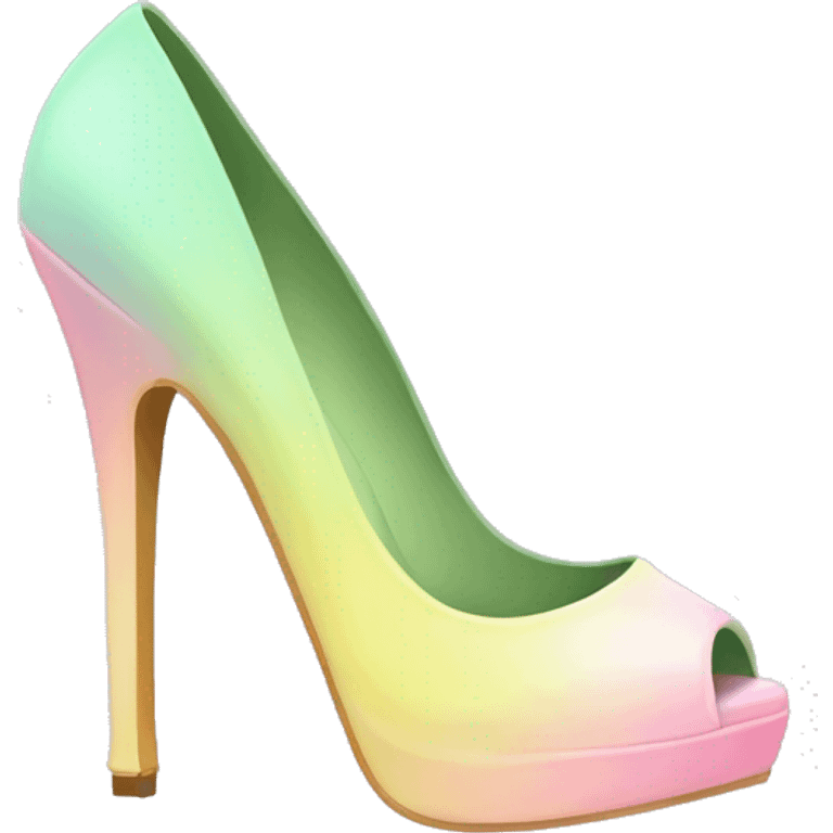 Realistic isolated top front view of a pair of pastel green,pastel yellow,and pastel pink ombre cut out high heel shoes.  emoji