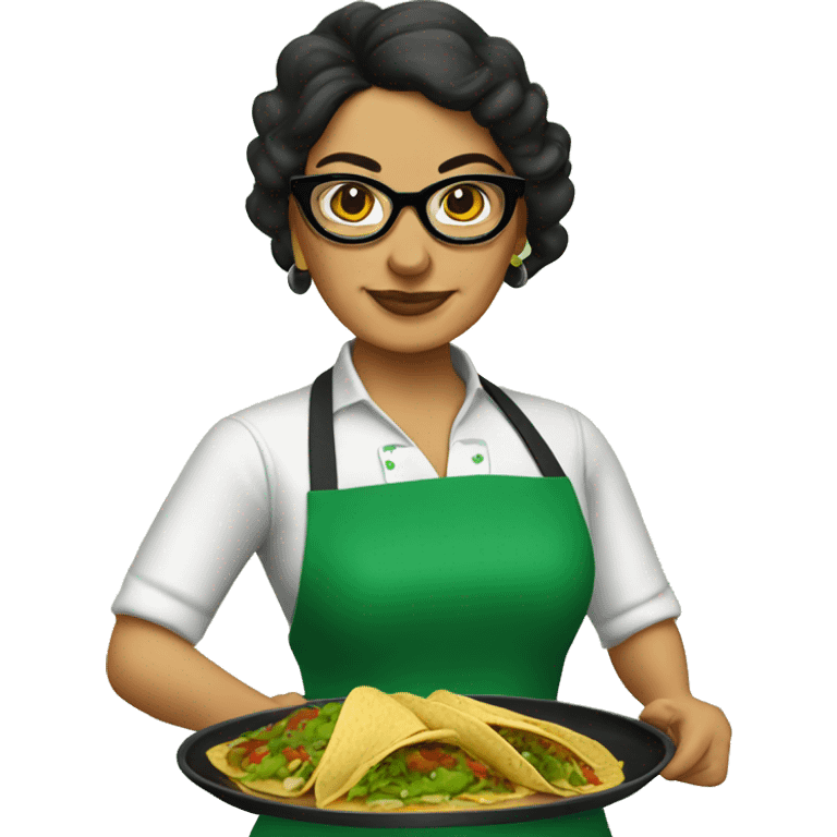 mexican lady green apron  with glasses cooking tacos emoji