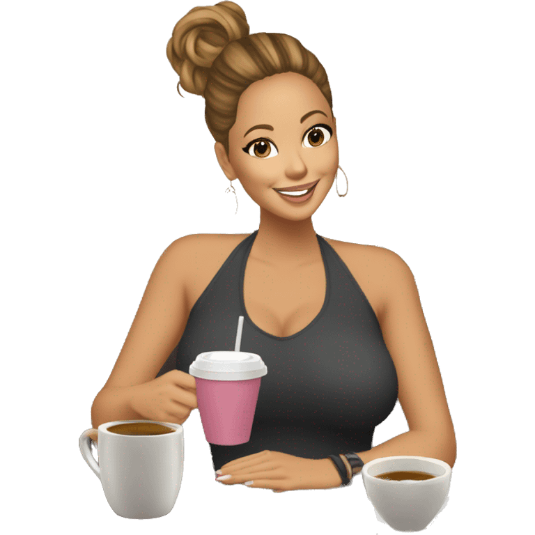 Mariah carey full body messy bun drinking a coffee,e, emoji