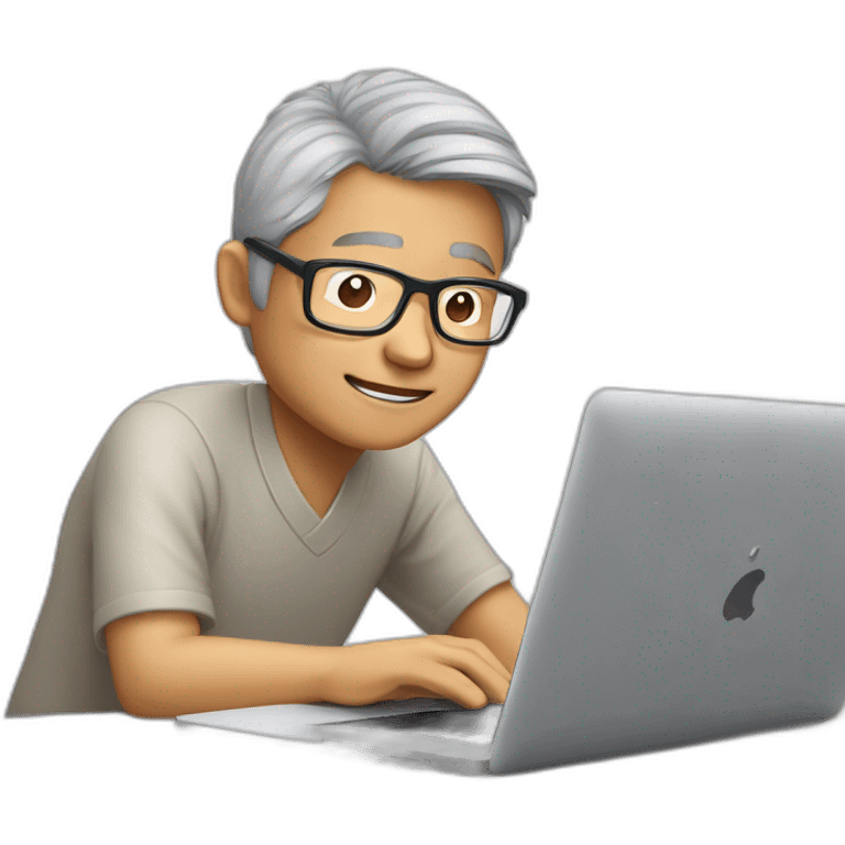 Aged 48 asian Guy, semi-rimless glasses, coding on the macbook emoji