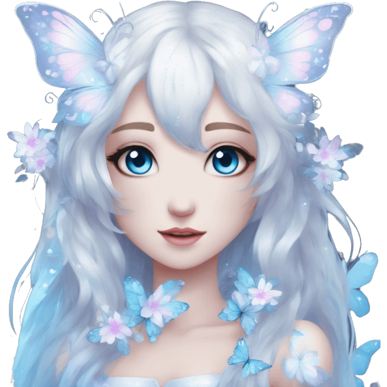 Edgy Cute Cool Kawaii gorgeous sparkly ethereal white fantasy animal with blue eyes sona with flowers and butterflies emoji