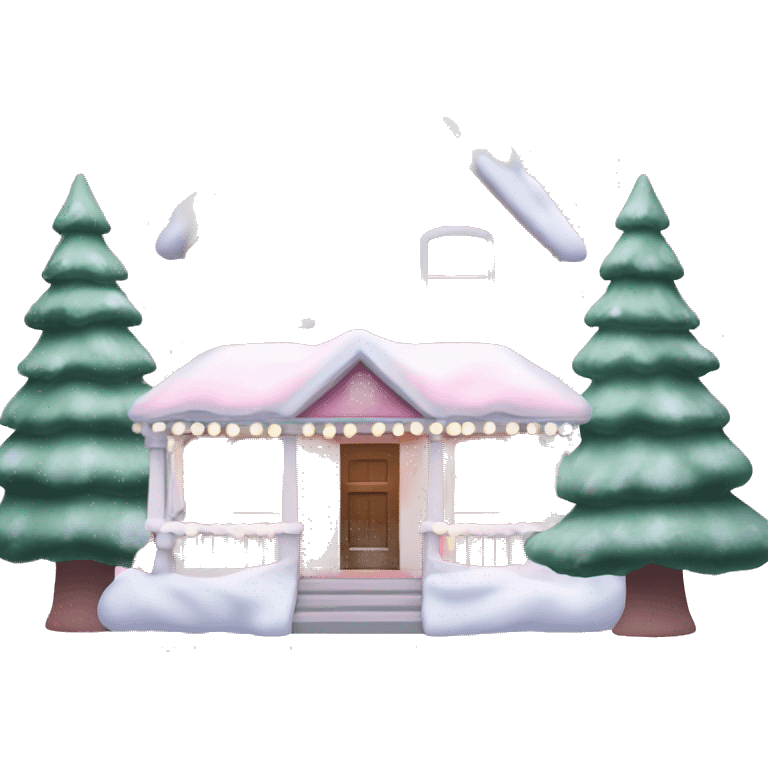 Pastel pink Christmas house with Christmas lights and evergreen trees emoji