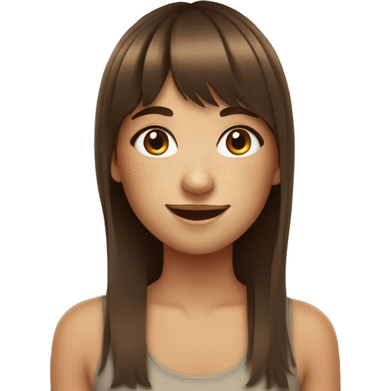 a girl with freckles on her cheeks smiling shyly with her brown hair and bangs emoji