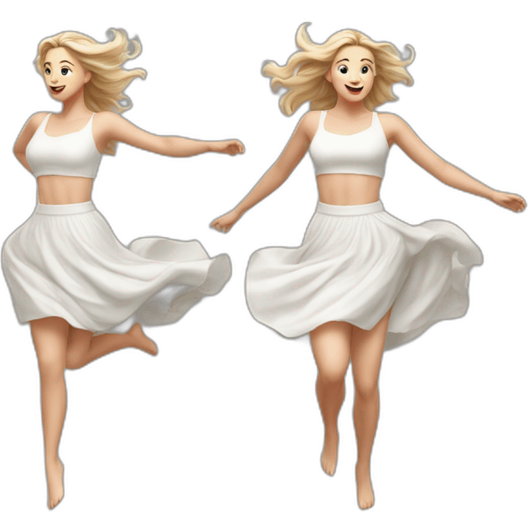 Hyperrealistic Full body Caucasian curvy beauty jumping white skirt back and front views strong wind emoji