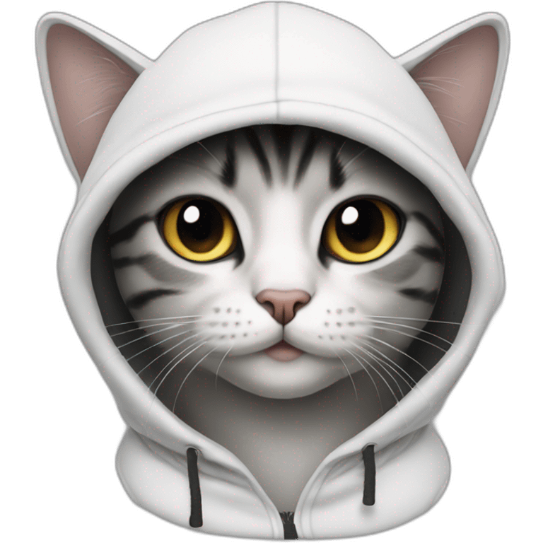 cat wearing a black ball cap and a white hoodie with the hood up emoji