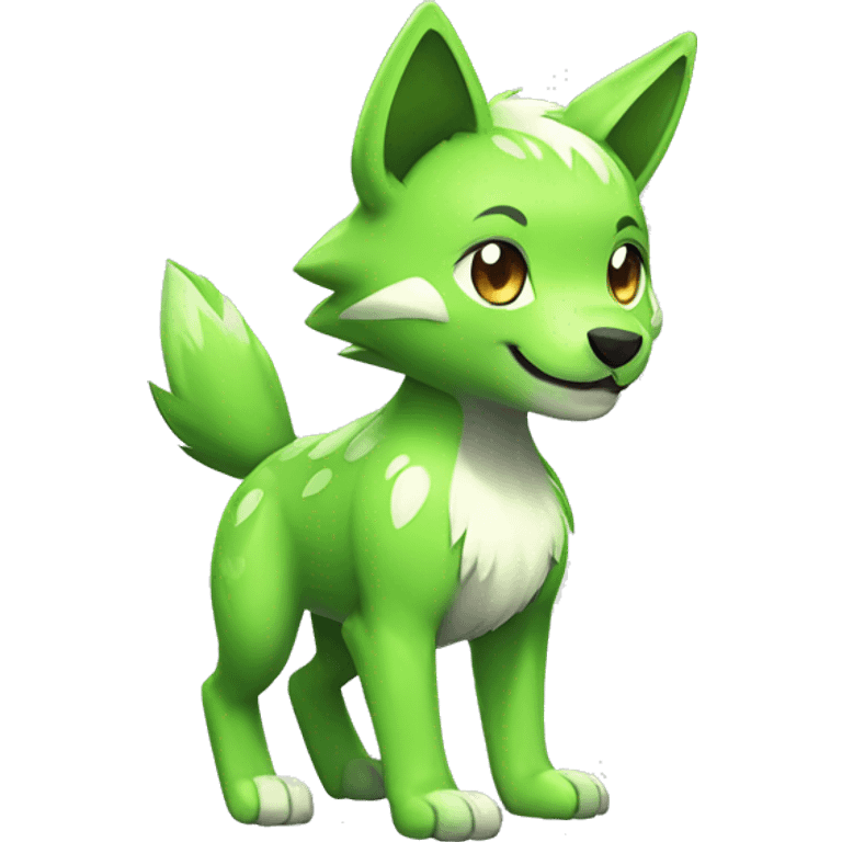 Cute Shy Shiny Lime-Green Fakémon-Wolf-Pokémon with white and dark-green markings Full Body emoji