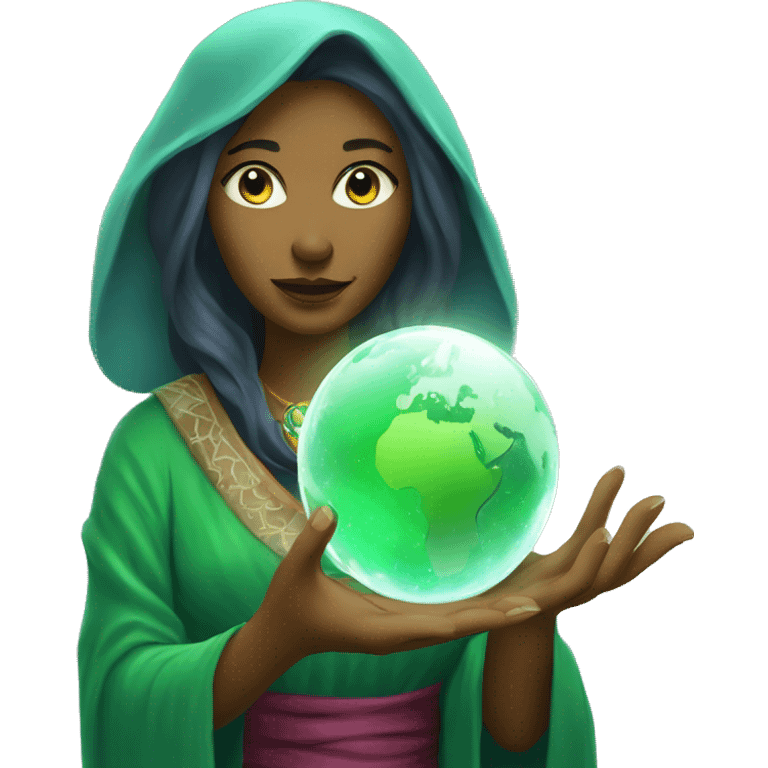 Female Fortune teller holding a crystal ball with the green earth inside it emoji