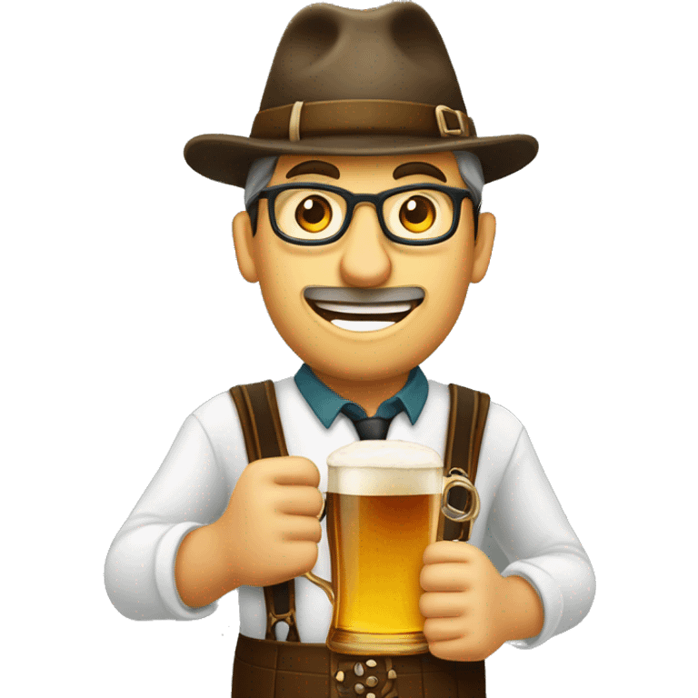 Person wearing a hat and lederhosen while holding a huge mug of beer and a pretzel emoji