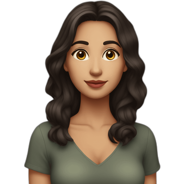 29 year old light Spanish woman, big brown eyes, high cheek bones, angular chin, dark brown hair, size 4, large breasts emoji