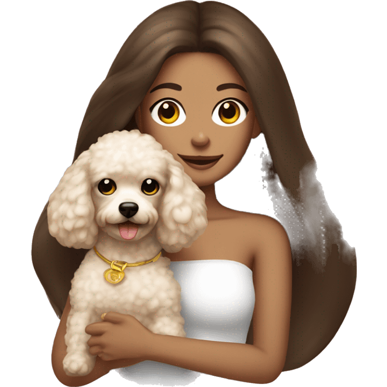 Long straight hair brunette girl , in white strapless top holding a golden toy poodle  emoji