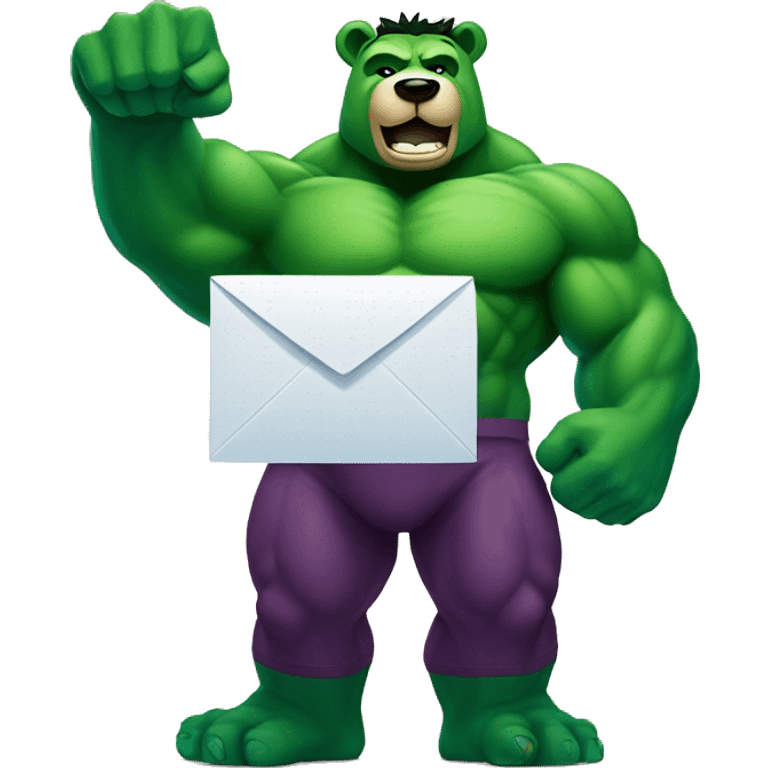 Super hero hulk bear, smiling and holding a mailbox emoji