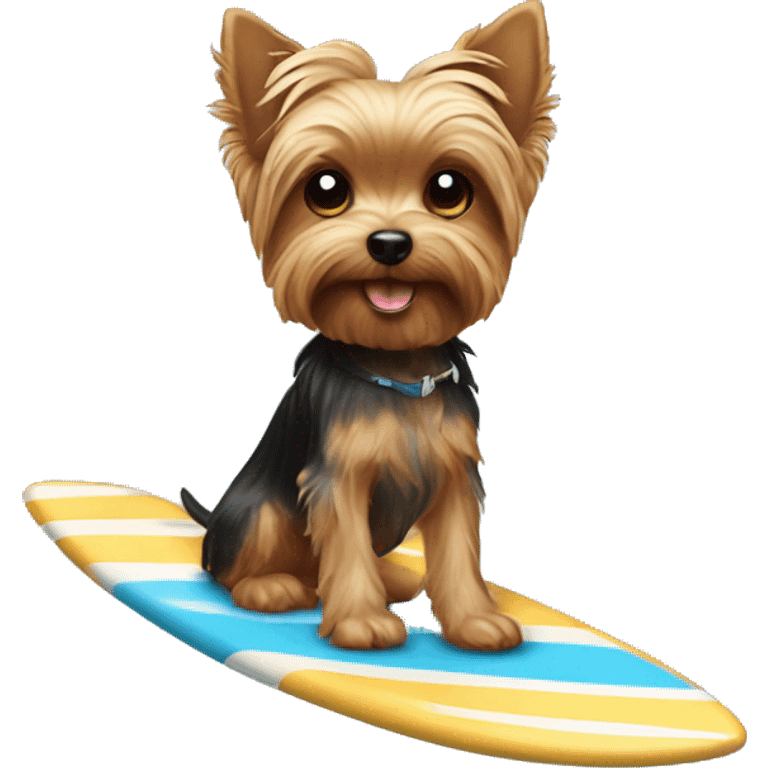 A Yorkie dog riding a surf board holding a dog bone emoji