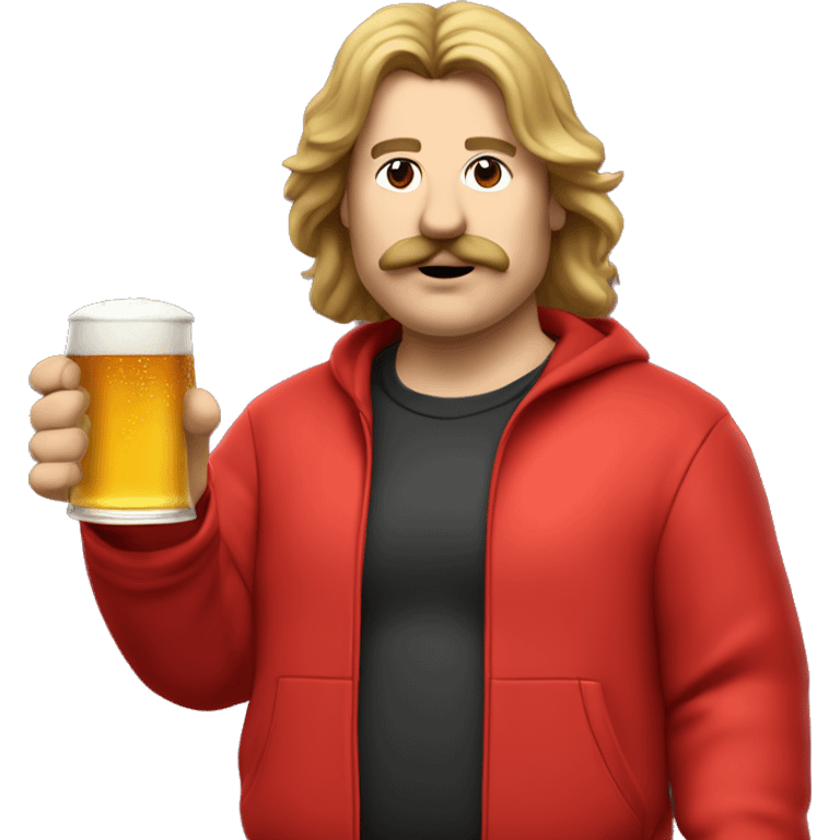 a slightly fat man with long hair and a mullet cut, with a mustache and a beer in his hand, the man is dressed in a red tracksuit, he is putting out a fire emoji