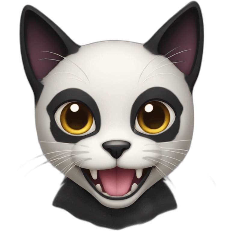 black cat with a white spot on the chest and vamier teeth emoji