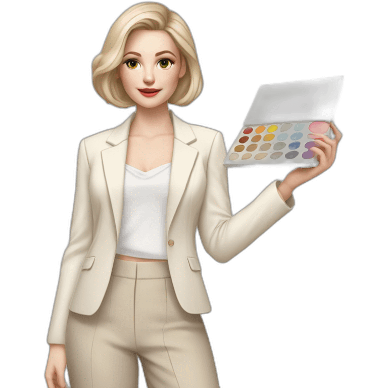 pale skin woman with ash blonde Straightened bob Hair, White Spacious classical jacket, beige palazzo Arrow pants and gray blouse holding a color palette in the hands emoji