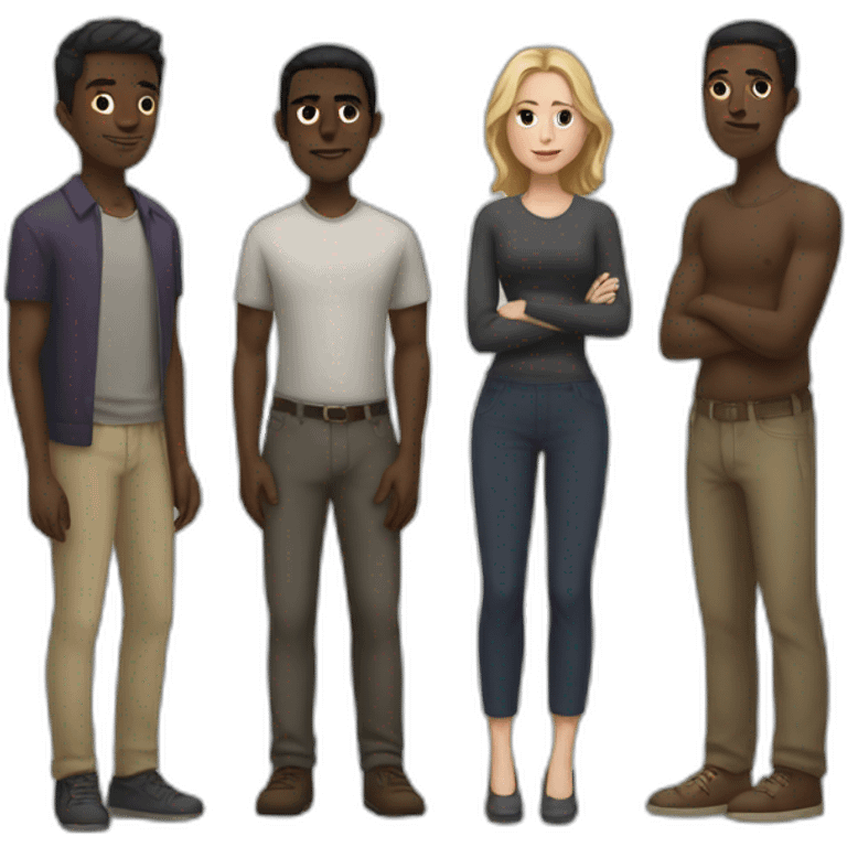 five dark-skinned men stand around a pale woman emoji