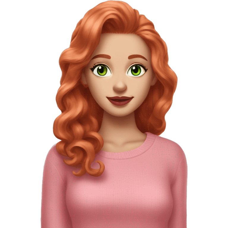 Redhead girl pink sweater pink lipstick green eyes gold earrings pink nails wavy long hair full body emoji