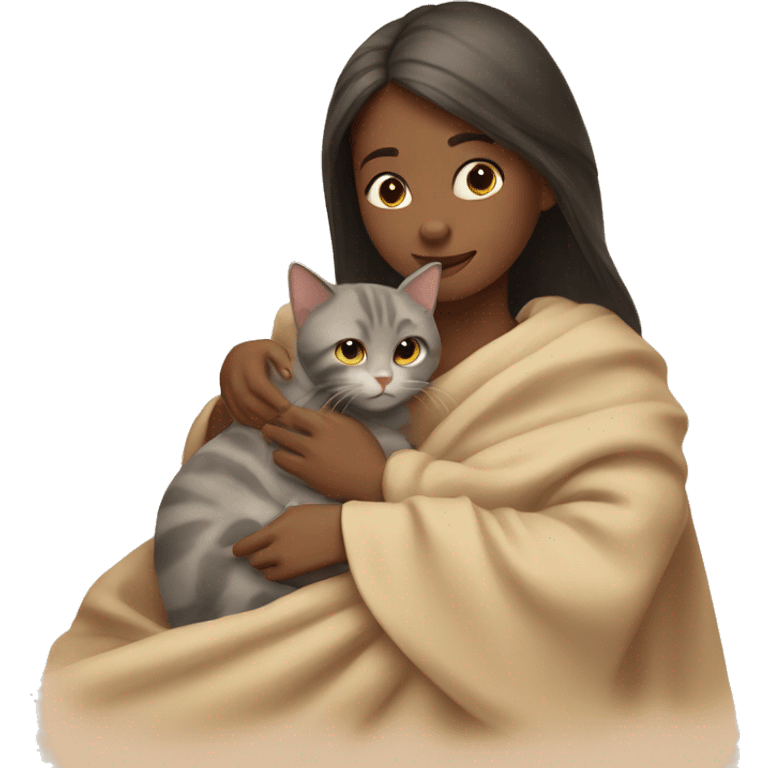 girl petting cat in beige blanket emoji