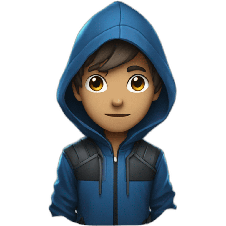 Boy brown developer left side behind his laptop with this style: Valorant Riot Game blue character blue black hooded hacker  emoji