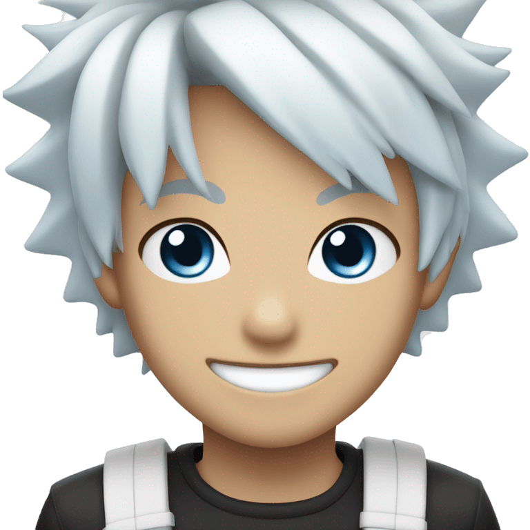 Young Japanese man smiling, With sky blue eyes, white spiky hair, and black bandage on the eyes emoji