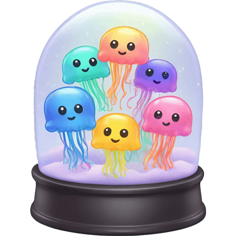 Kawaii rainbow pastel family of jellyfish  in neon snow globe  emoji