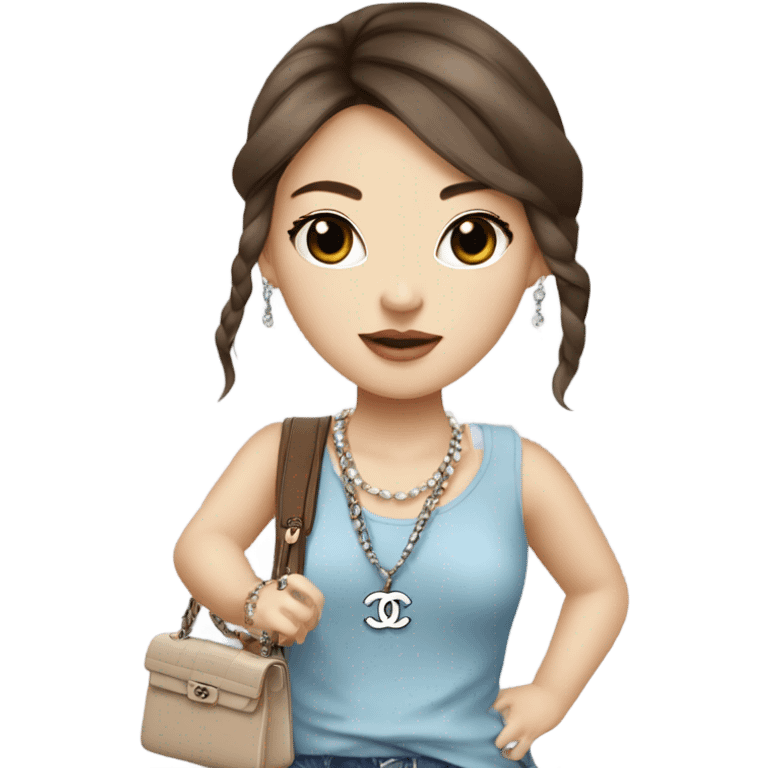 Realistic brown hair blue eyes Chanel Asian Girl with Birkin bag and Chanel necklace emoji