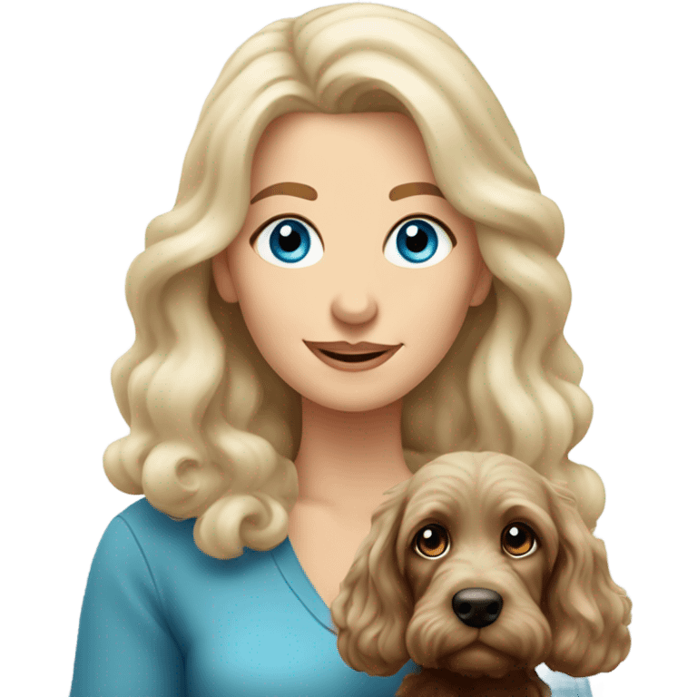 blue eyed very old long haired blonde lady with dark brown Cockapoo puppy dog emoji