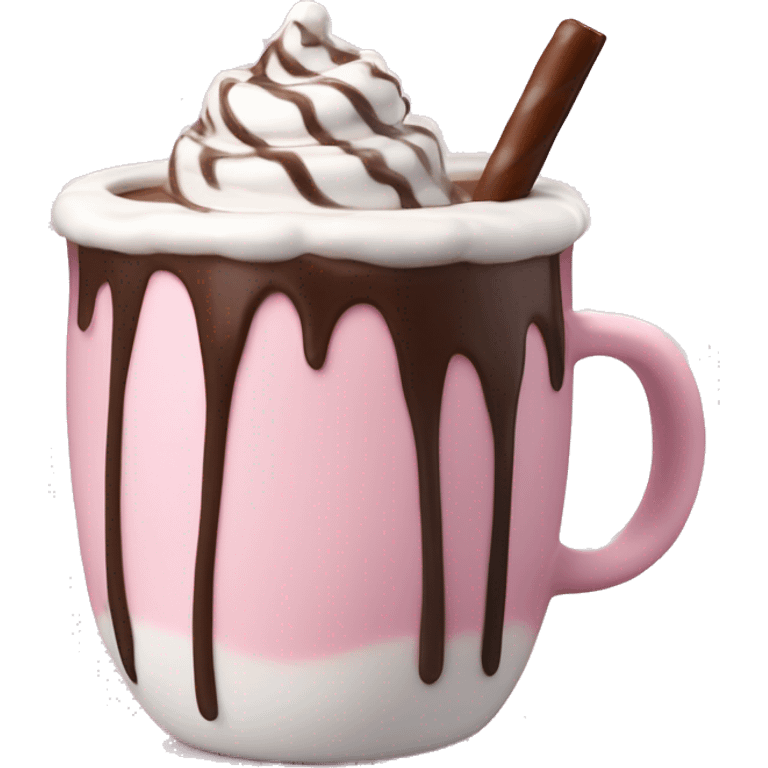 hot chocolate with mug and whip cream and chocolate drizzle and pale pink strawberry and marshmellows emoji