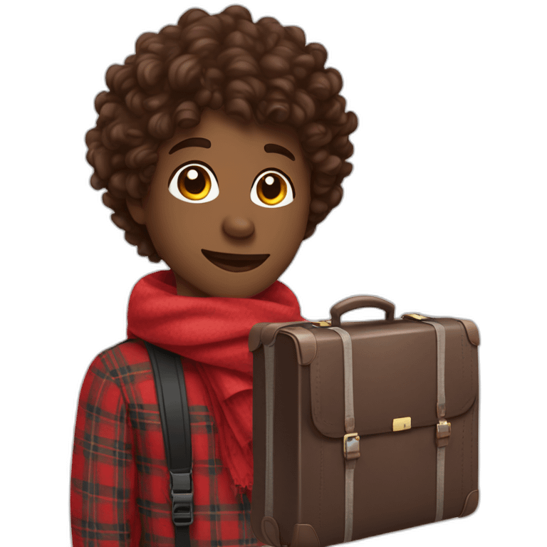 Chocolate colored doodle with wavy hair wearing a red and black flannel handkerchief with a carryon suitcase emoji