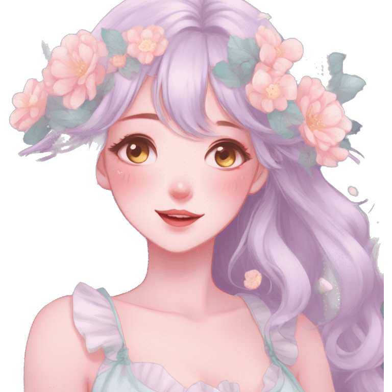 Gorgeous pastel anime style lady with blushing face and flowers cottagecore fairycore pastelcore colorful pearly romantic simplistic aesthetic trending style emoji