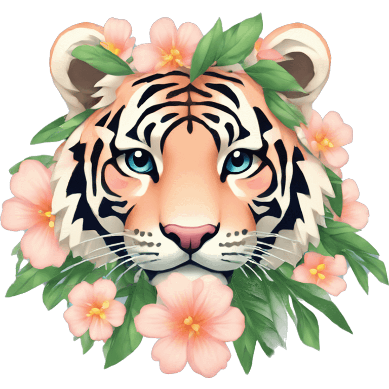 Pixel art of a pixel pink peach beige blue cream pastel pixel tiger wearing tropical flowers and leaves, flower crown, floral, pixel emoji