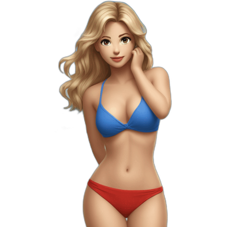 Sexy pose soft curvy woman Dark-blond-hair blue-eyes red bikini (beach body) realism emoji