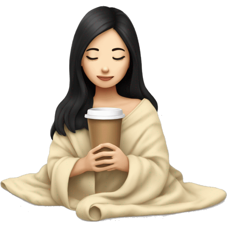 Asian girl inside a blanket sipping coffee eyes closed black hair emoji