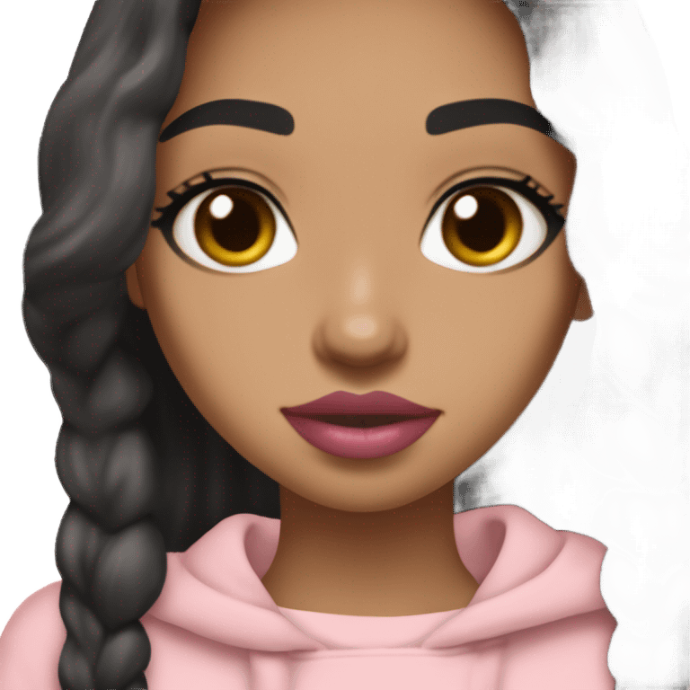 Girl with black hair straight with cozy pink coquette sweatshirt light tan skin pinkish lips slight blush holding a Stanley emoji