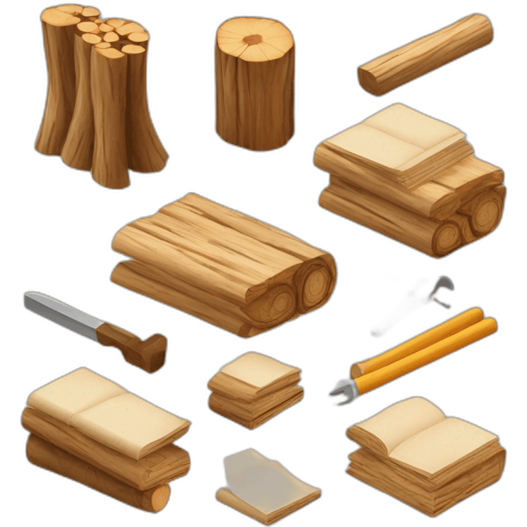 isometric BOOK with picture of wood logs, metal rods, fabric, tools emoji