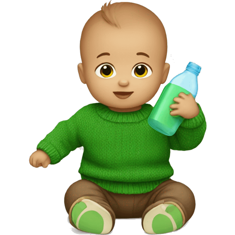 a baby with a green sweater drinking his bottle emoji