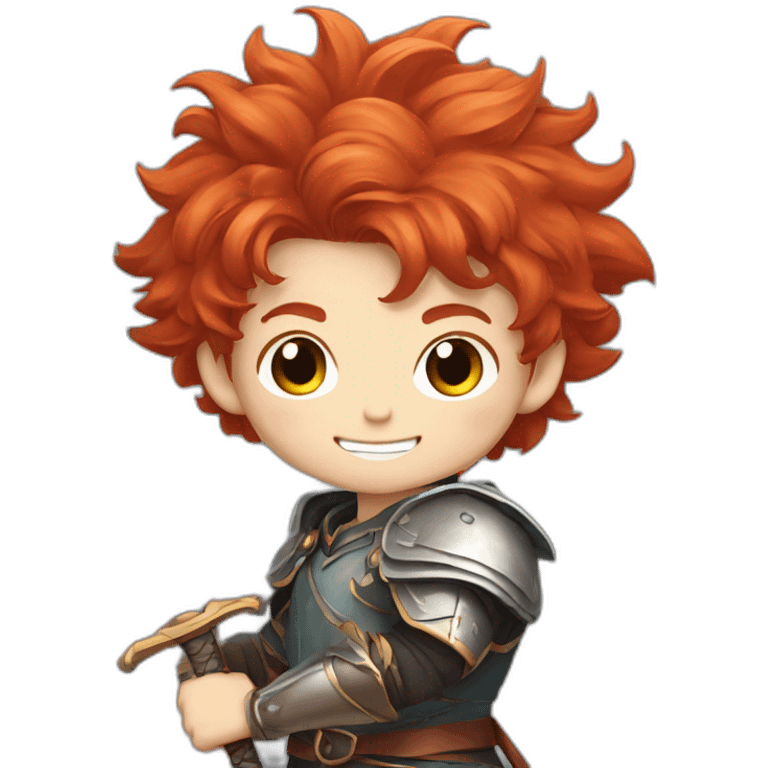 Red haired young boy with cheeky grin and pointy fluffy hair  designed in an anime type of graphic with a sword in a defense pose emoji