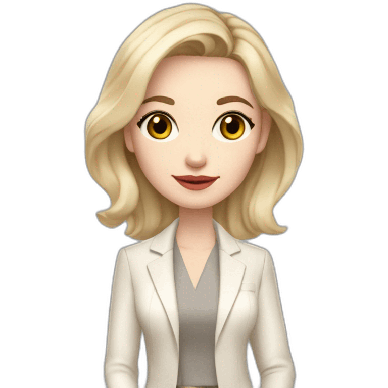 pale skin woman interior designer with cold blonde middle length hair, gray eyes, White oversize jacket, beige blouse, Gray skirt holding a color palette in the hands emoji