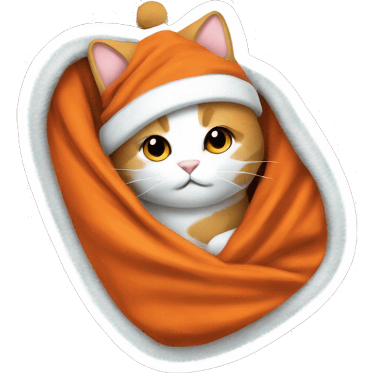 Dark orange and white cat wrapped in Christmas blanket  emoji