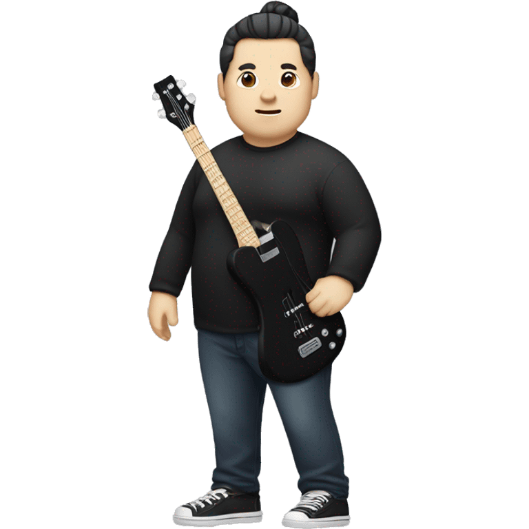 chubby chinese guy with fair skin and man bun and black shirt and bass guitar emoji