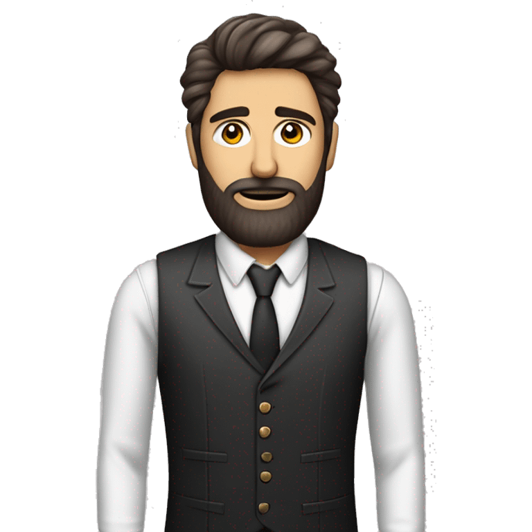 L'image montre un homme barbu avec des cheveux bruns, en chemise rayée, cravate rayée, et gilet noir. Ses bras sont levés, paumes vers le haut, exprimant la confusion. Son expression est perplexe.   emoji