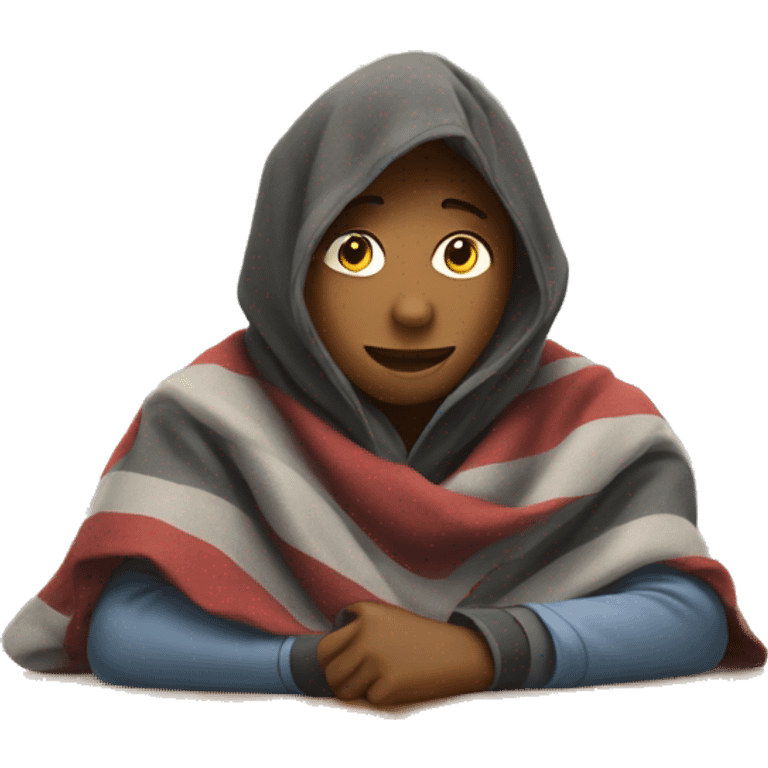 Teen wrapped in a blanket sitting at school desk emoji