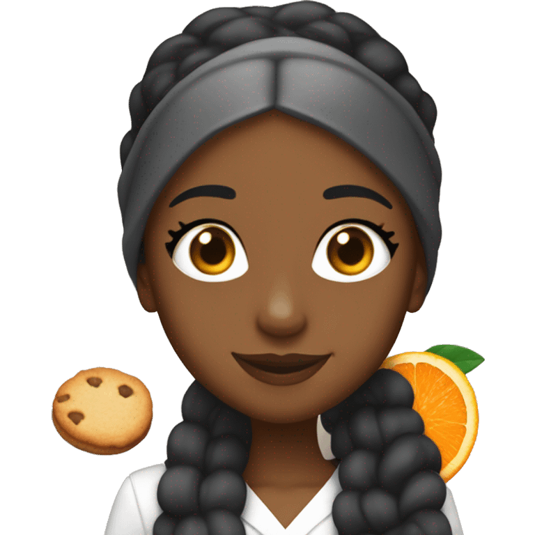 Ariana grande with dark coloured skin. Holding a cookie and a class of orange juice emoji