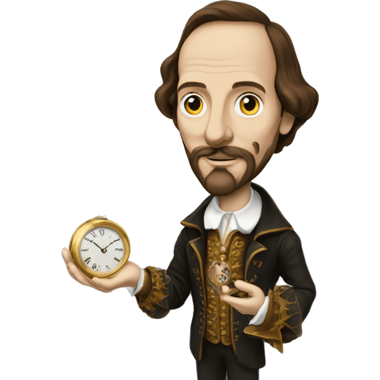 William Shakespeare holds an antique gold watch on a chain in his hand emoji