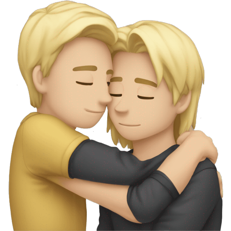 Two gay boys kissing eachother one boy is blond long hair and oneboy is brunette laying hands on eachother arms emoji