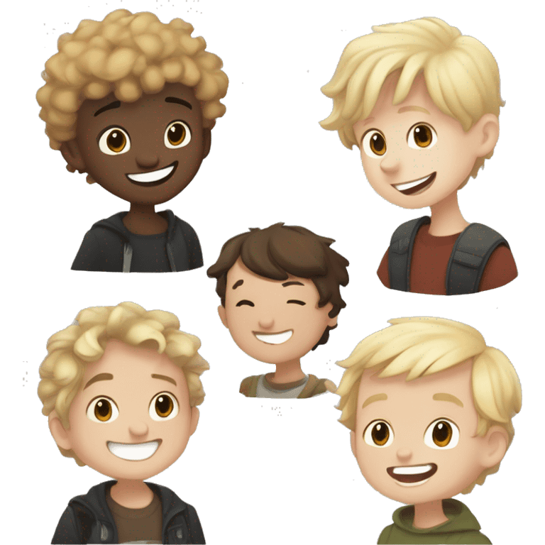 Four boys: Dimitri with black short hair, Debian with blonde hair, Julius with brown short curly hair and a small guy julian with blonde hair laughing  emoji