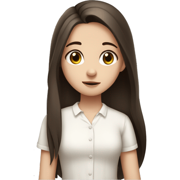 A fair-skinned young girl with blue eyes and long dark brown hair. She is wearing a white blouse and has a facial expression that reflects embarrassment, shyness, and cuteness. Something similar to the "🥹". emoji