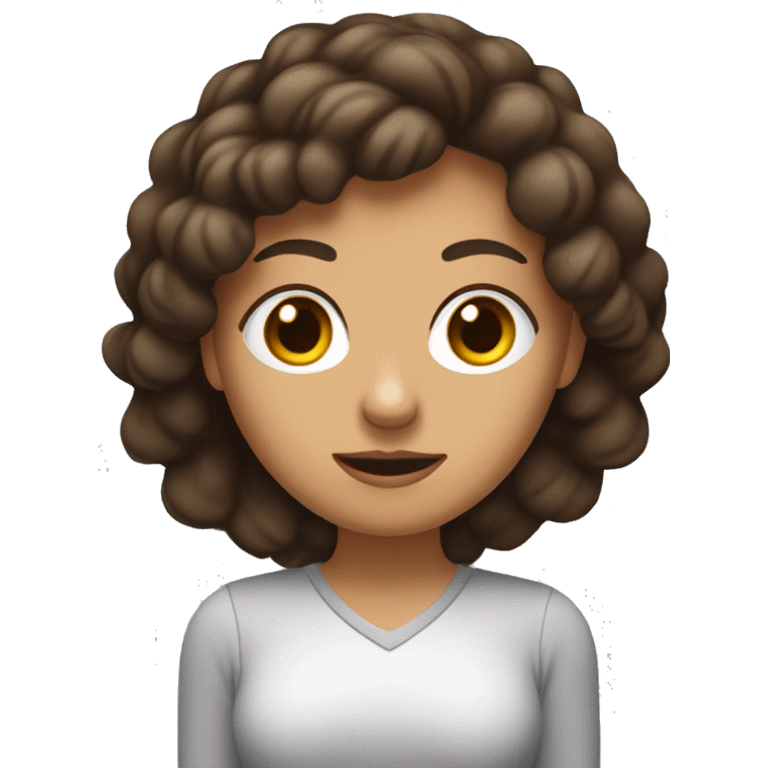 mujer blanca con ojos color almendra y cabello marron oscuro, con n linar en la mejilla izquierda con laptop en mano  emoji