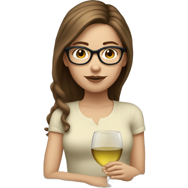 A white girl with brown hair and glasses, drinking a glass of white wine. emoji